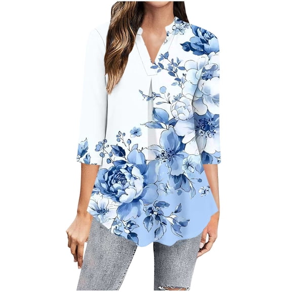Mgmyaa Blouses for Women Casual 3/4 Length Sleeve V-Neck Tops Trendy Summer Comfort Colors Tshirt