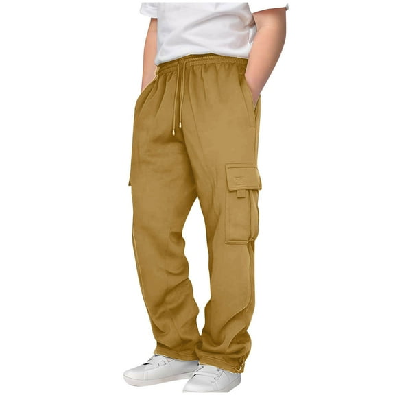 Mgmyaa Boys Big Pocket Cargo Pants Winter Thermal Loose Fit Casual Trousers for Children Age 5-14 Years