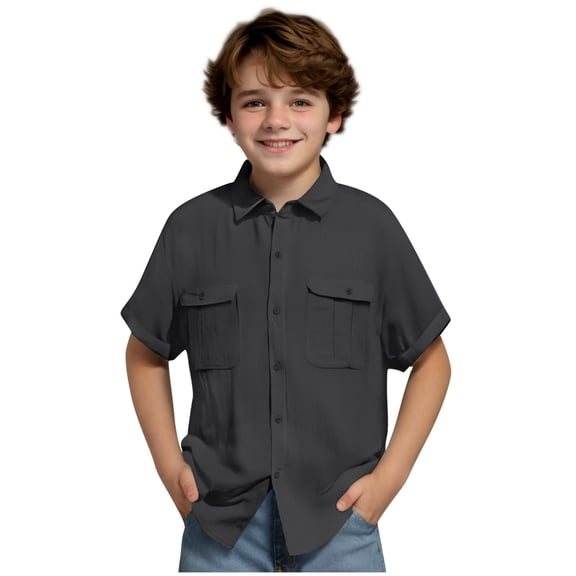 Mgmyaa Boys Button Down Shirts Kids Short Sleeve Casual Shirt with Two Pockets