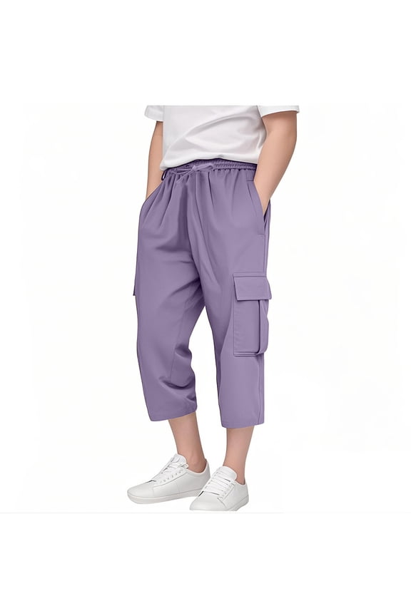 Boys Cargo Capris Spring Summer Elastic Waist Drawstring Straight-Leg Loose Cropped Pants with Pockets