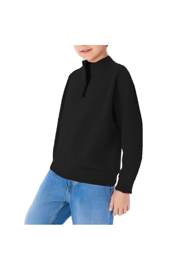 Boys' Fall & Winter Half-Zip Sweatshirt, Solid Color Long-Sleeve Collared Hoodless Sweatshirt Tops