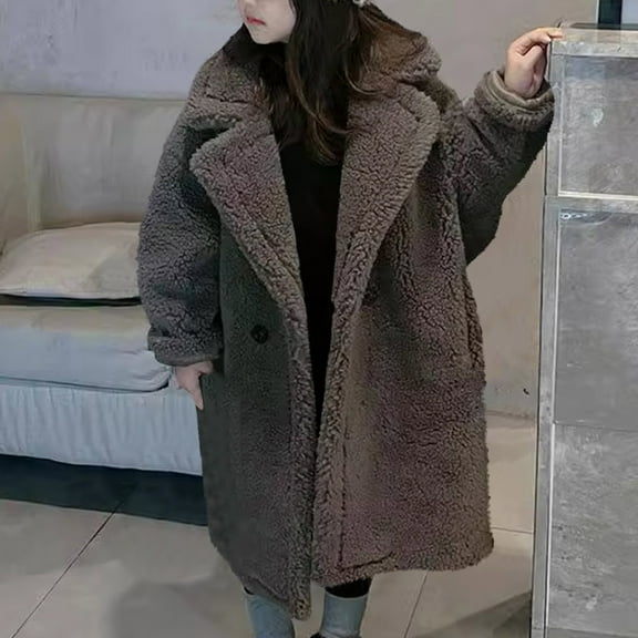 Mgmyaa Boys Girls Velvet Lined Long Coat Winter Plush Fleece Outerwear Soft Warm Jacket Kids 2-8Y