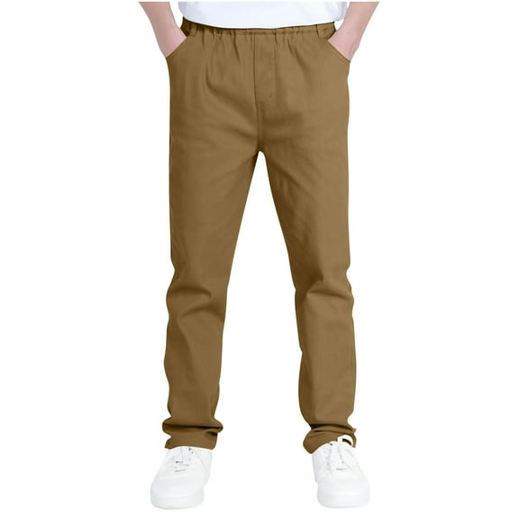 Mgmyaa Boys Khakis Pants Elastic Waist Straight-Leg Twill Sports Long Pants for Kids 4-14 Years