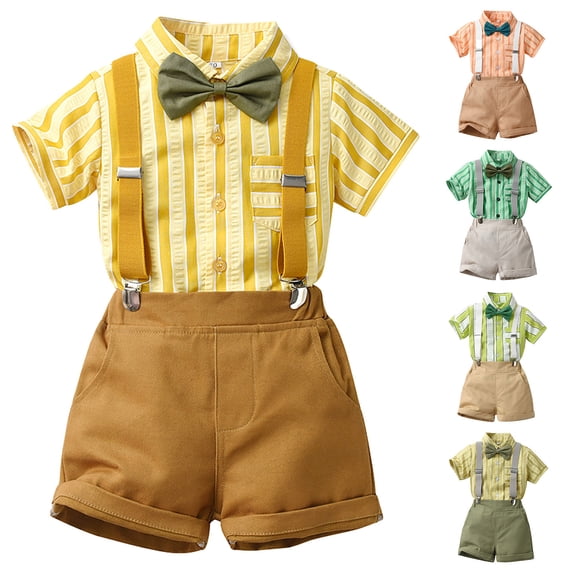 Mgmyaa Boys Striped Short Sleeve Collared Shirt with Bow and Suspenders Pants 3-Piece Formal Set for Kids Ages 12M-9Y