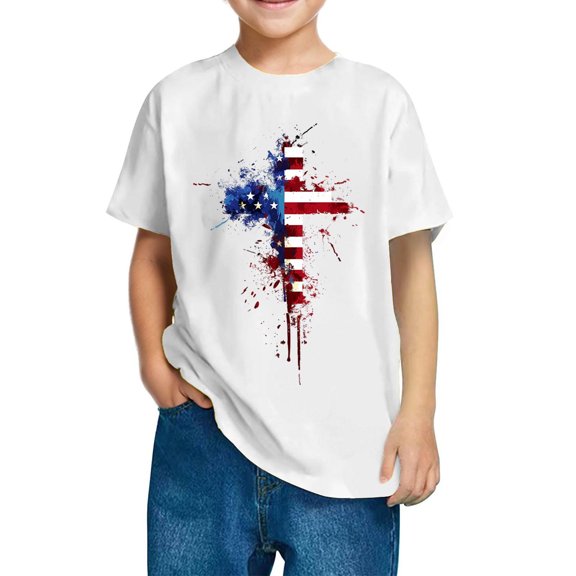 Mgmyaa Boys and Girls Short Sleeve T-Shirt Kids Crewneck Loose Fit Summer T-Shirt Tops Independence Day 3-10 Years