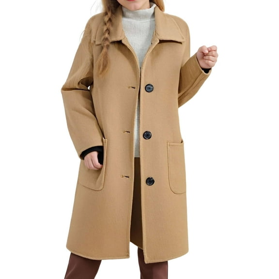 Mgmyaa Boys and Girls Wool Blend Pea Coat Single Breasted Lapel Collar Mid-Length Trench Overcoat with Pockets
