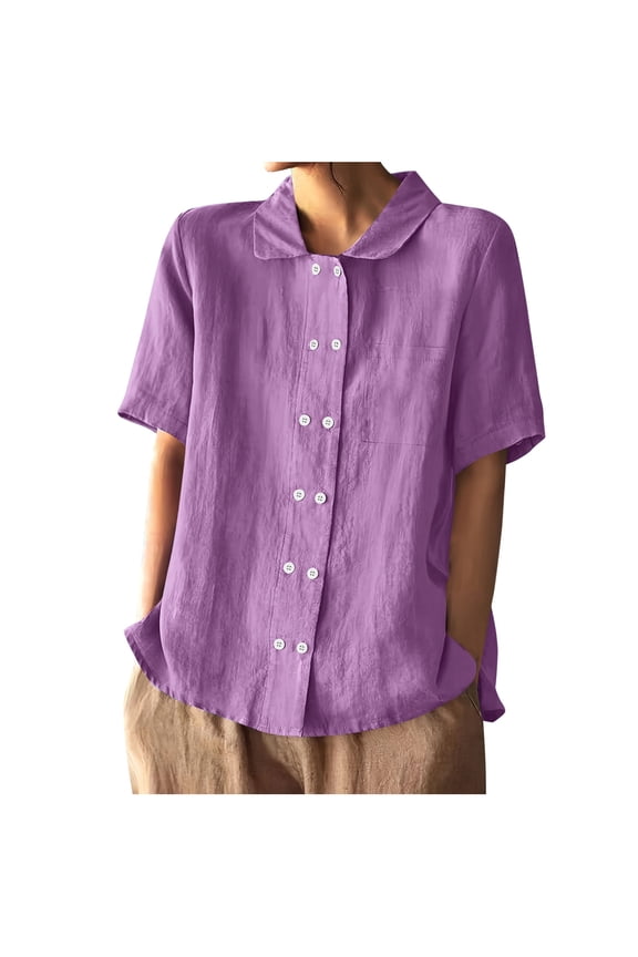 Button Down Shirts for Women Double-Breasted Short Sleeve V Neck Collared Shirt Tops with Pocket