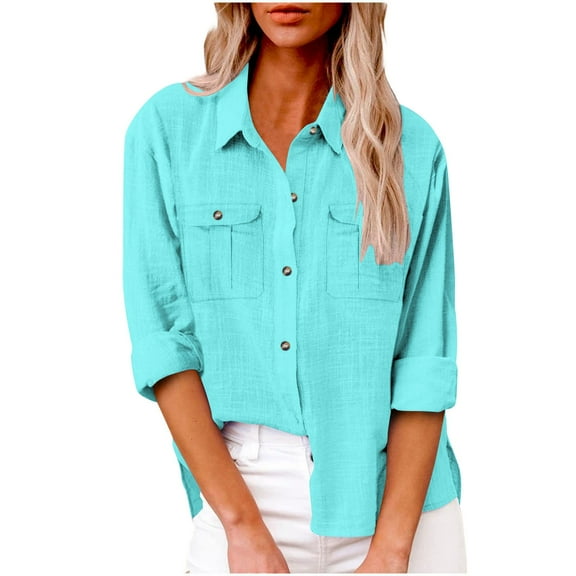 Mgmyaa Button Down Shirts for Women Long Sleeve V Neck Collared Shirt Tops with Two Pockets