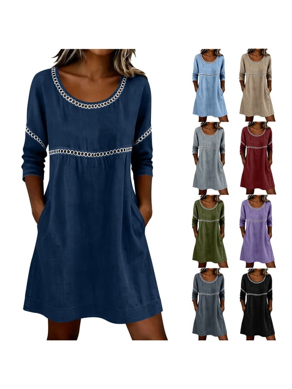 Casual Dress for Women 3/4 Sleeve Crew Neck Mini Dress Fall Relaxed Fit Shift Dress Exterior Pocket Tent Dress for Casual Daily Wear