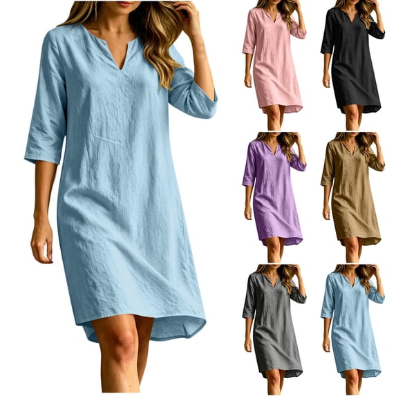 Mgmyaa Casual Dress for Women 3/4 Sleeve V-Neck Shift Dress Summer Cotton Dress Relaxed Fit Dress for Everyday Wear