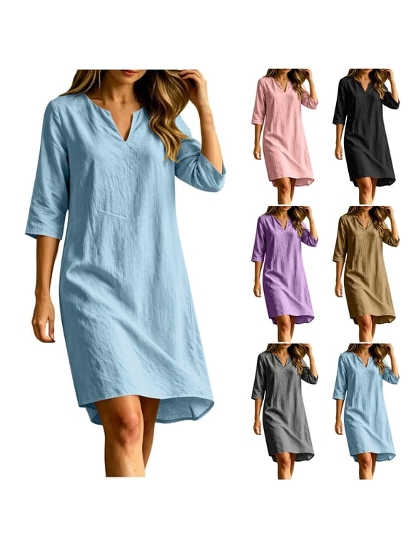 Casual Dress for Women 3/4 Sleeve V-Neck Shift Dress Summer Cotton Dress Relaxed Fit Dress for Everyday Wear