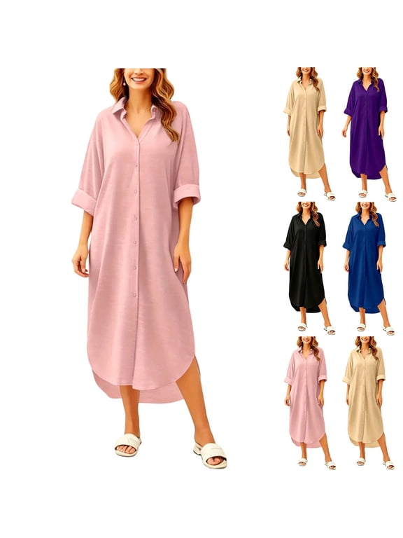 Casual Dress for Women Long Sleeve Collared Long Dress Fall Slim Sheath Dress Pull-On Shift Dress for Casual Daily Wear