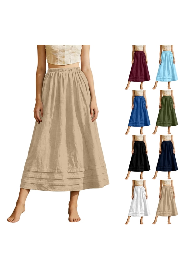 Casual Skirts for Women Maxi A-Line Mid Rise Skirt with Adjustable Elastic Waist Solid Loose Fit Pull-On Spring Summer Maxi Skirt