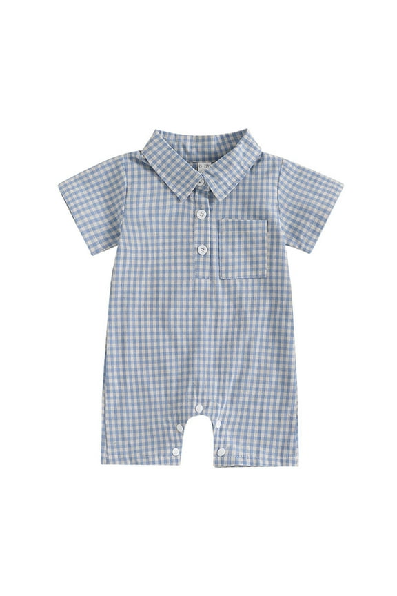 Checkered Print Baby Short Sleeve Romper Summer Pocket Style Jumpsuit Casual Playwear 0-18 Months