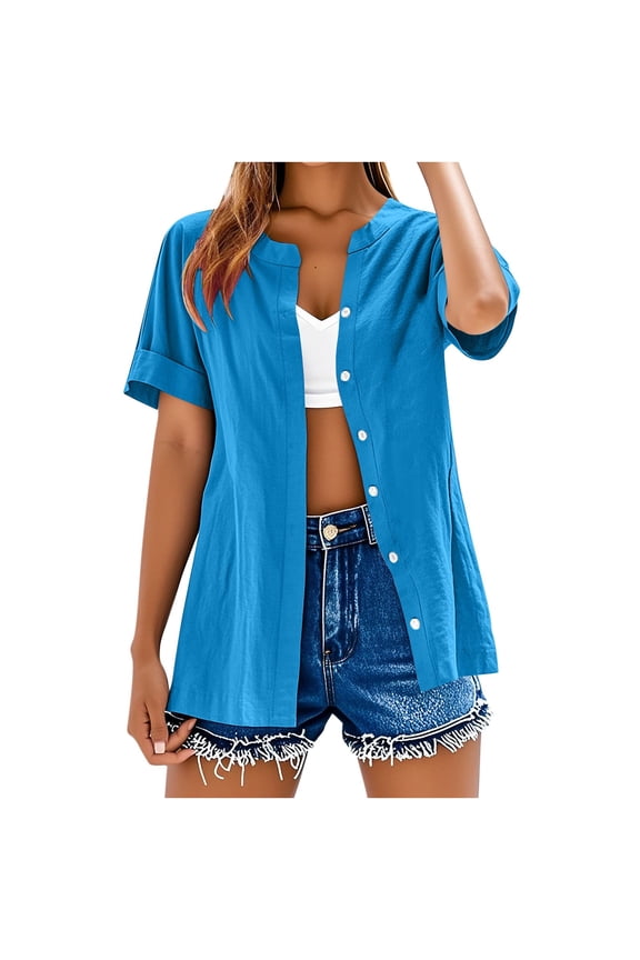Cotton Linen Button Down Shirts for Women Summer Short Sleeve Dressy Casual Crew Neck Tshirts