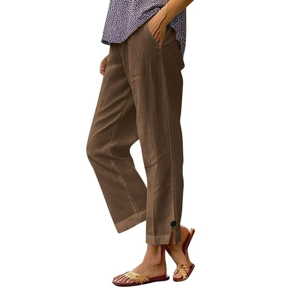 Mgmyaa Cotton Linen Pants for Women Casual Summer Straight-Leg 7/8th Comfy Pants Loose Yoga Jogger Pants with Pockets