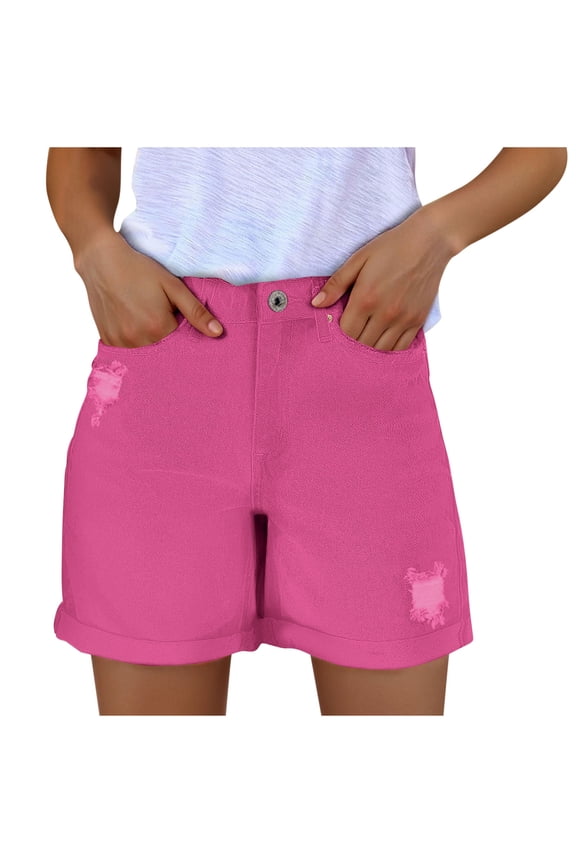 Denim Shorts for Women Mid Rise Ripped Cut-off Jean Shorts Stretchy Folded Hem Hot Short Jeans