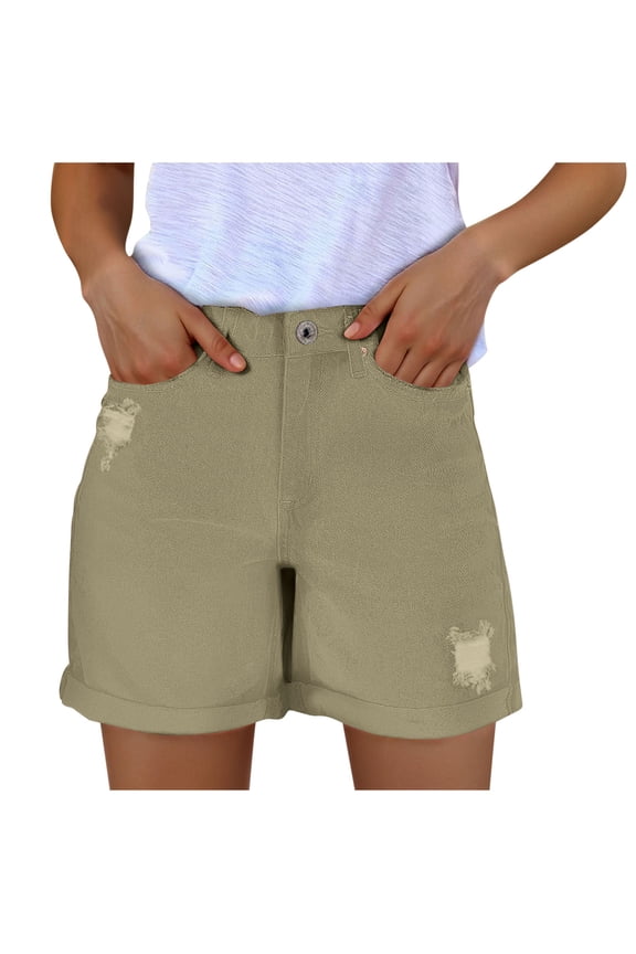 Denim Shorts for Women Mid Rise Ripped Cut-off Jean Shorts Stretchy Folded Hem Hot Short Jeans