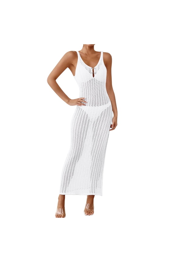 Dresses for Women Loose Sleeveless Hollow-Out Keyhole Back Beach Cover-Up Long Sun Protection Dress