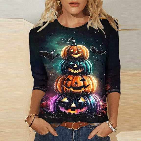 Mgmyaa Fall Womens Shirts 3/4 Sleeve Halloween Pattern Round Neck T-Shirts Plus Size Costumes Blouses Size S-5XL