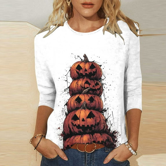 Mgmyaa Fall Womens Shirts 3/4 Sleeve Halloween Pattern Round Neck T-Shirts Plus Size Costumes Blouses Size S-5XL