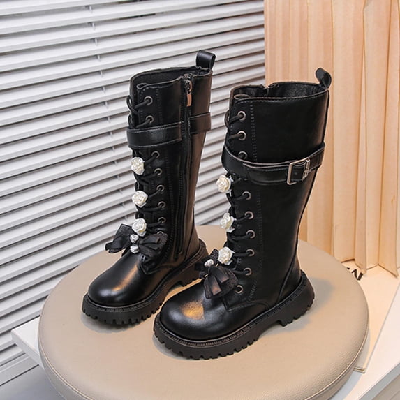 Mgmyaa Fall and Winter High-Top Leather Boots for Girls Fashionable Boots for Little Girls Princess Style Casual Long Boots