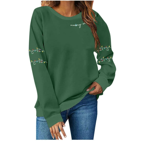 Mgmyaa Festive Long Sleeve Sweatshirts Women Round Neck Holiday Print Tops Casual Pullover Blouses Loose Christmas Holiday Wear