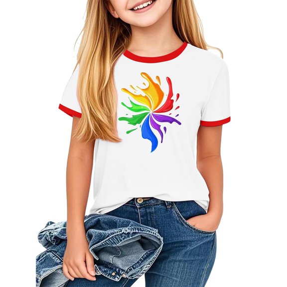 Mgmyaa Girl's Printed T-Shirts Casual Round Neck Short Sleeved Shirt Kid's Summer Casual Pullover T-shirt Graphic Tees for Kids