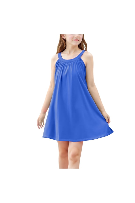 Girl's Summer Casual Dress Slip Knee Length Tank Dress Cute Midi Beach Sundress for 4-15T Kids