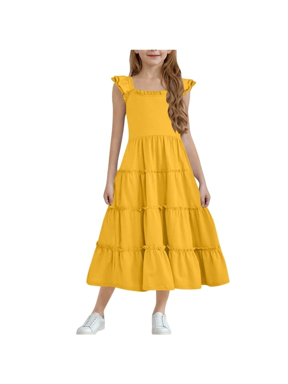Girl's Summer Dresses Ruffle Sleeve Tiered Swing Midi Casual A-Line Twirly School Sundress Size 3-13 Years
