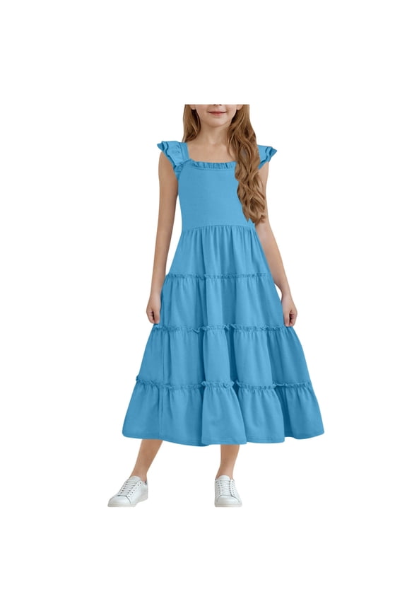 Girl's Summer Dresses Ruffle Sleeve Tiered Swing Midi Casual A-Line Twirly School Sundress Size 3-13 Years