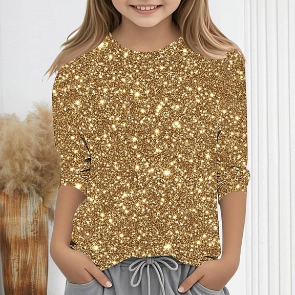 Mgmyaa Girls 3/4 Sleeve Tops Round Neck Pullover Shirt Casual Printed Tops for Kids Comfortable Base Layer Blouse Size 3-12 Years