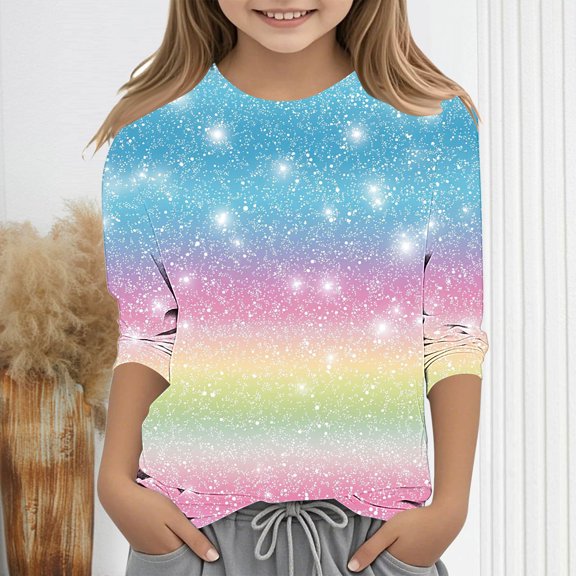 Mgmyaa Girls 3/4 Sleeve Tops Round Neck Pullover Shirt Casual Printed Tops for Kids Comfortable Base Layer Blouse Size 3-12 Years