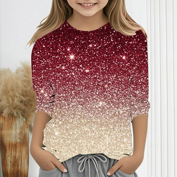 Mgmyaa Girls 3/4 Sleeve Tops Round Neck Pullover Shirt Casual Printed Tops for Kids Comfortable Base Layer Blouse Size 3-12 Years