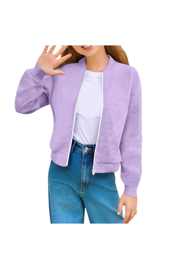 Girls Bomber Jacket No-Hood Zip Up Jacket Long Sleeve Pockets Warm Coat for 5-14 Years