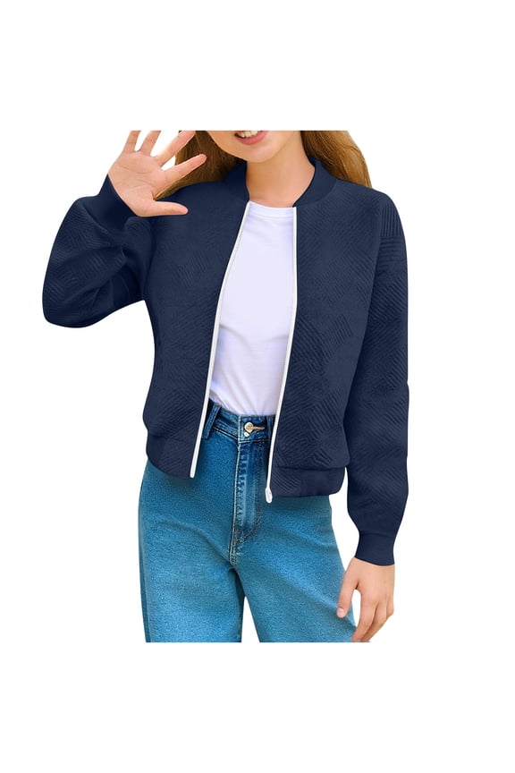 Girls Bomber Jacket No-Hood Zip Up Jacket Long Sleeve Pockets Warm Coat for 5-14 Years