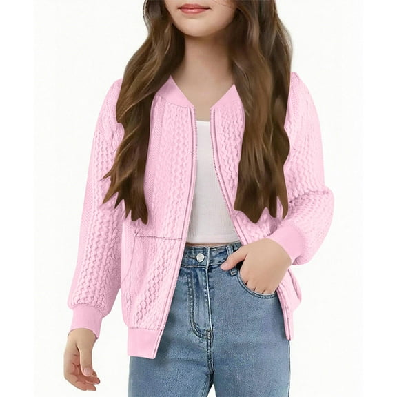 Mgmyaa Girls Bomber Jacket Zipper Front No-Hood Coat Long Sleeve Pockets Casual Outerwear 5-14 Years