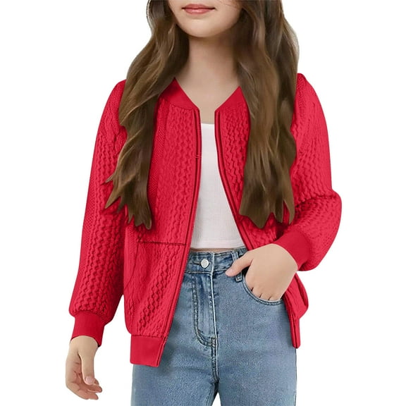 Mgmyaa Girls Bomber Jacket Zipper Front No-Hood Coat Long Sleeve Pockets Casual Outerwear 5-14 Years