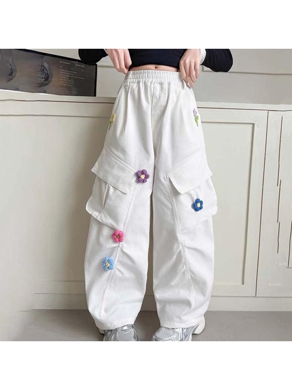 Girls Cargo Pants with Flower Patches Elastic Waist Joggers Multi-Pocket Trousers for Play and School Casual Streetwear
