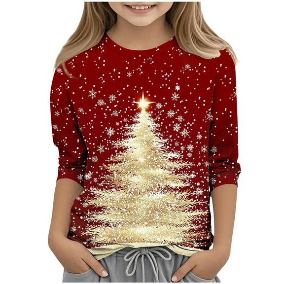 Mgmyaa Girls Casual 3/4 Sleeve Christmas Print Top, Kids Crew Neck Long Sleeve T-Shirt Size 3-12 Years