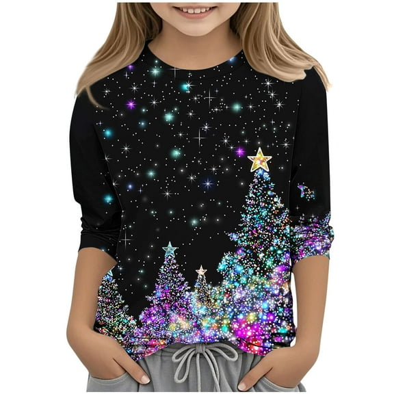 Mgmyaa Girls Casual 3/4 Sleeve Christmas Print Top, Kids Crew Neck Long Sleeve T-Shirt Size 3-12 Years