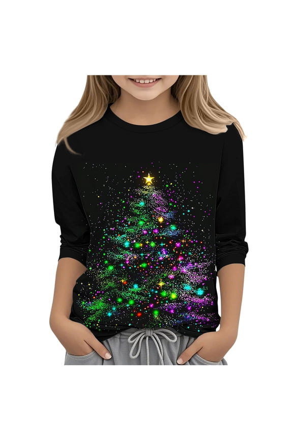 Girls Casual 3/4 Sleeve Christmas Print Top, Kids Crew Neck Long Sleeve T-Shirt Size 3-12 Years