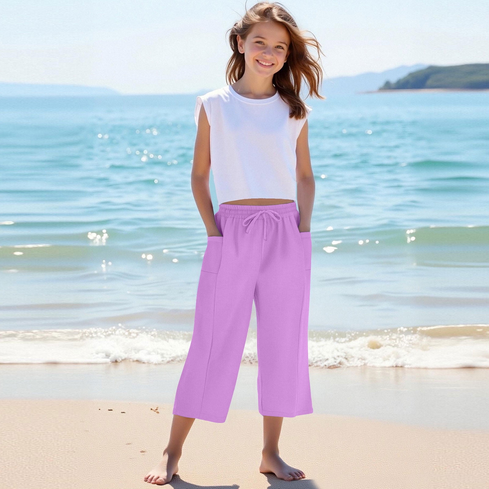 Mgmyaa Girls Casual Capri Pants Spring Summer Solid Drawstring