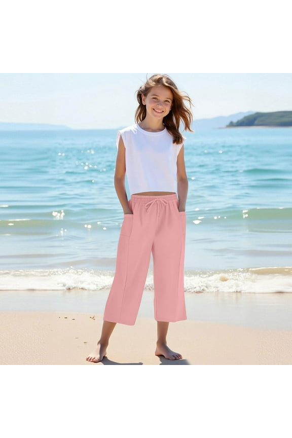Girls Casual Capri Pants Spring Summer Solid Drawstring Elastic Waist Loose Wide Leg Cropped Pants Yoga Beach Pants Size 4-14Y