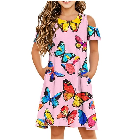 Mgmyaa Girls Casual Dress Summer Short Sleeve Cold Shoulder Dresses for Kids Holiday Sundress with Pockets 3-14