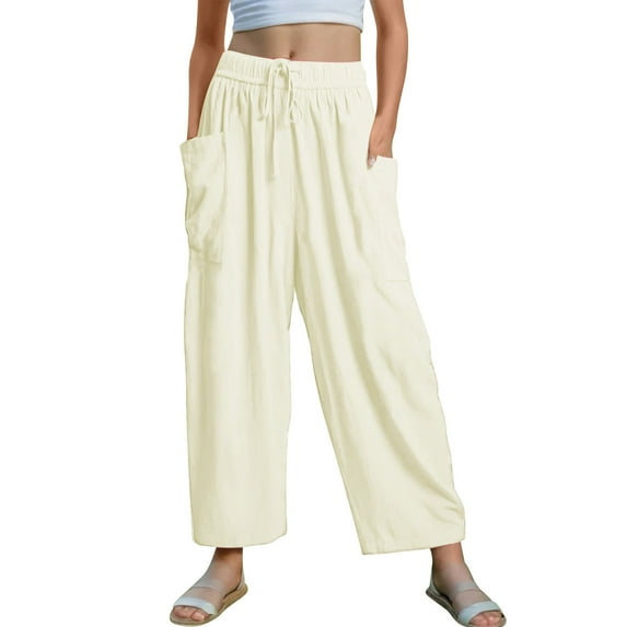 Mgmyaa Girls Casual Palazzo Pants Kids Elastic Waist Drawstring Straight-Leg Loose Long Trousers with Pockets