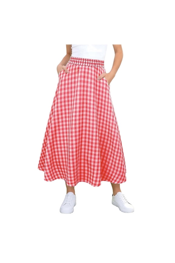Girls-Cotton Regular Fit Long A-Line Skirt, Mid-Rise Elastic Adjustable Waist, Solid Color with Pockets, Casual for Kids & Teens