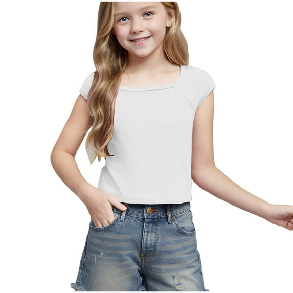 Mgmyaa Girls Croped Short Sleeve T Shirts Kids Summer Tops Crewneck Basic Tee Blouses 5-16 Years
