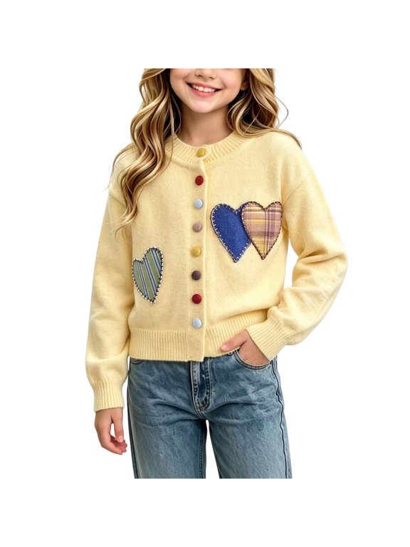 Girls Cute Versatile Heart Patch Cardigan for Kids Button Front Long Sleeve Warm Knit Sweater for School Play Winter