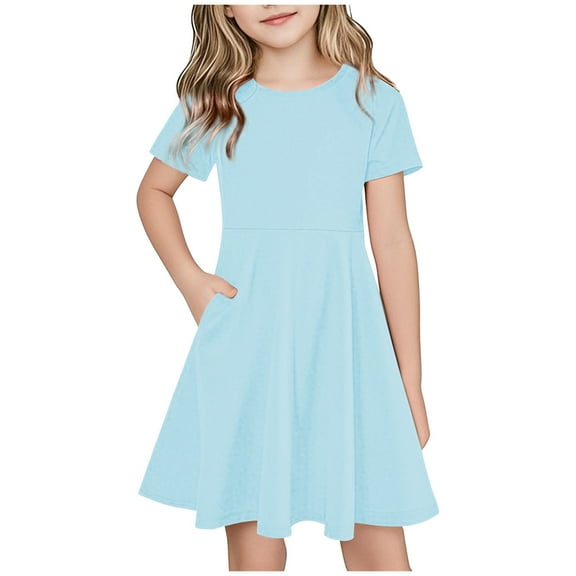 Mgmyaa Girls Dress A-Line Short Sleeve Swing Summer Spring Party Casual Fashion Sun Dresses with Pockets